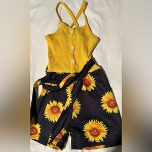 Yellow Ribbed Top and Sunflower Print Shorts Set